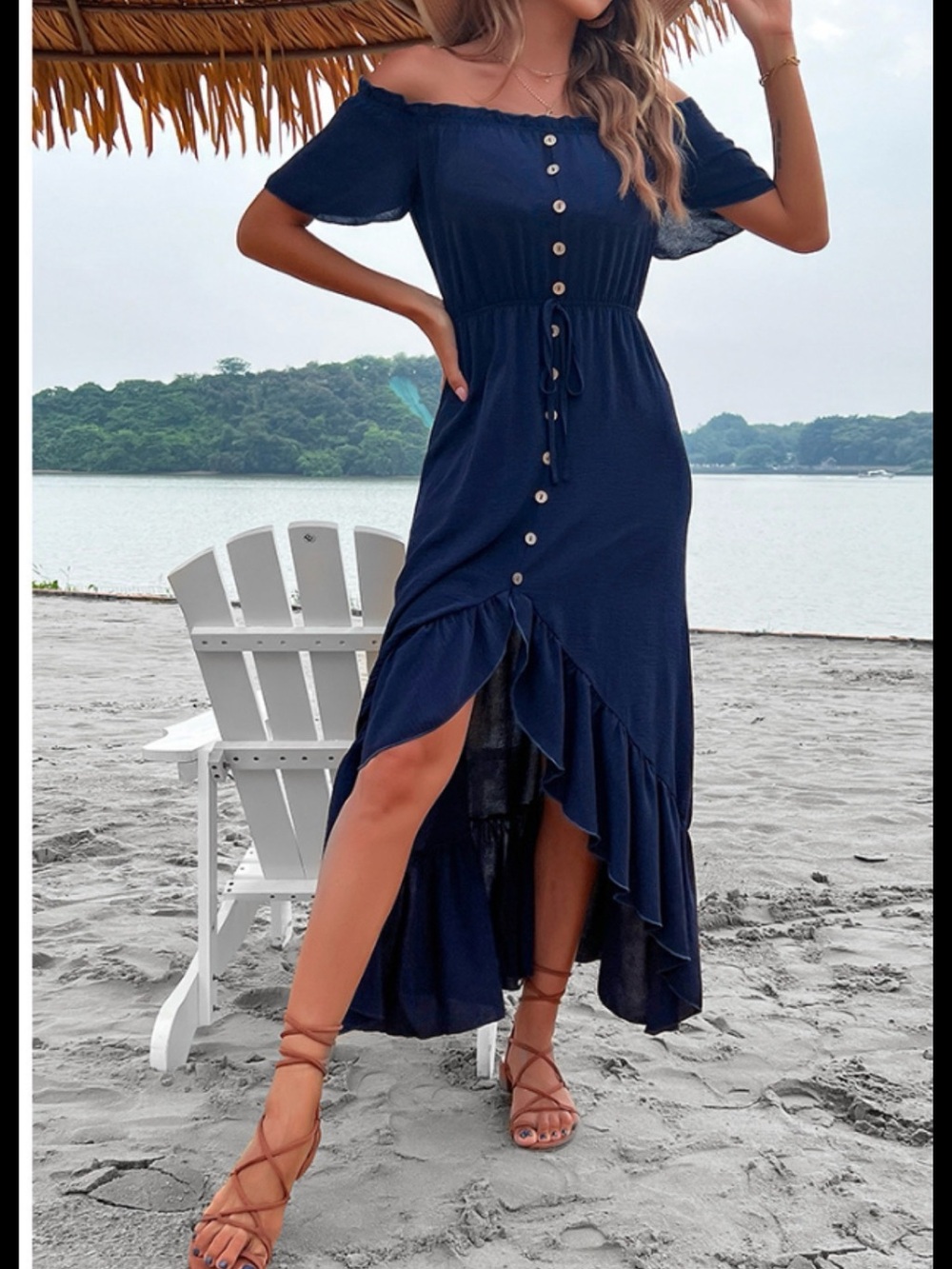 Off-Shoulder Navy High-Low Button-Front Maxi Dress
